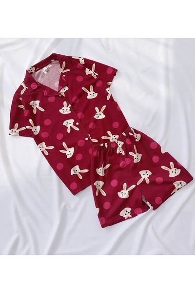 Bordo Tavşan Şortlu Düğmeli Pijama Takımı