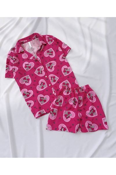 Pembe Kedi Şortlu Düğmeli Pijama Takımı