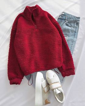 Bordo Fermuar Detay Peluş Sweat