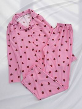 Pembe Çilek Uzun Pijama Takımı