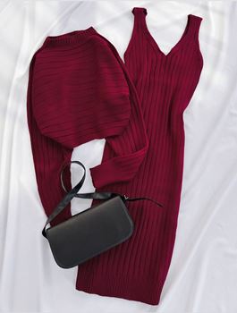 Bordo Crop Elbise 2’li Takım